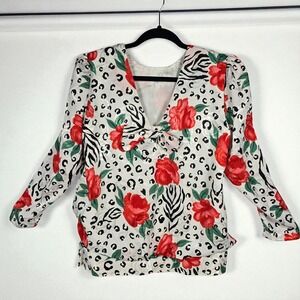 Vintage Floral Animal Print‎ Blouse Woman Medium Tie Front Long Sleeve Lined